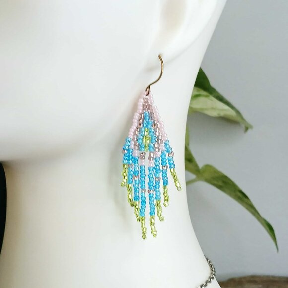 Pastel Beaded Fringe Cascade Dangle Earrings, Boho Chic Statement 3" - Picture 1 of 7